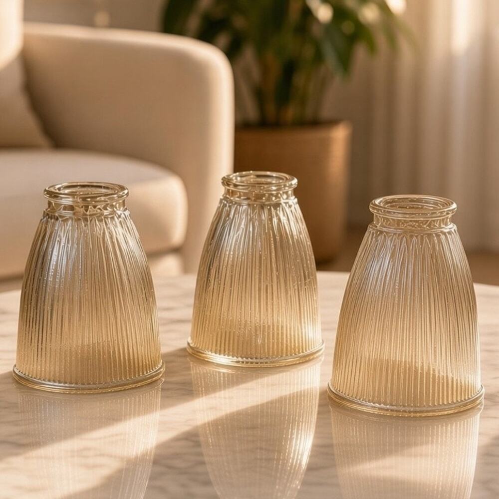 Vintage Set 3 Marigold Carnival Glass Lamp Shades Ribbed 1.5in Fitter Retro